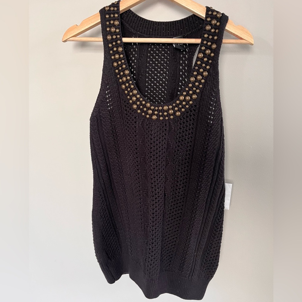 Moda International Studded Cable Knit Tank Top Black Cotton Racerback Medium NWT